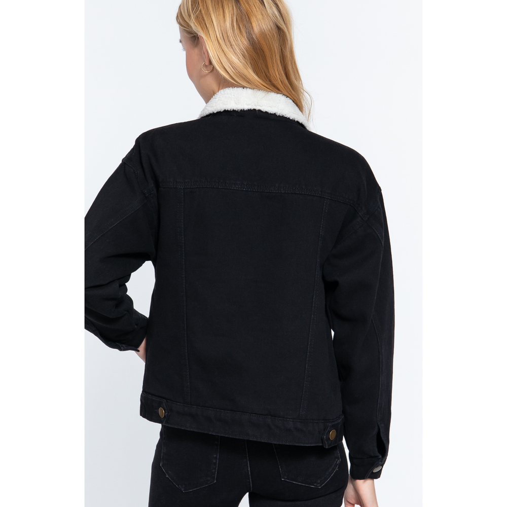 Inner Fur Black Oversized Denim Jacket - Picture 5 of 8